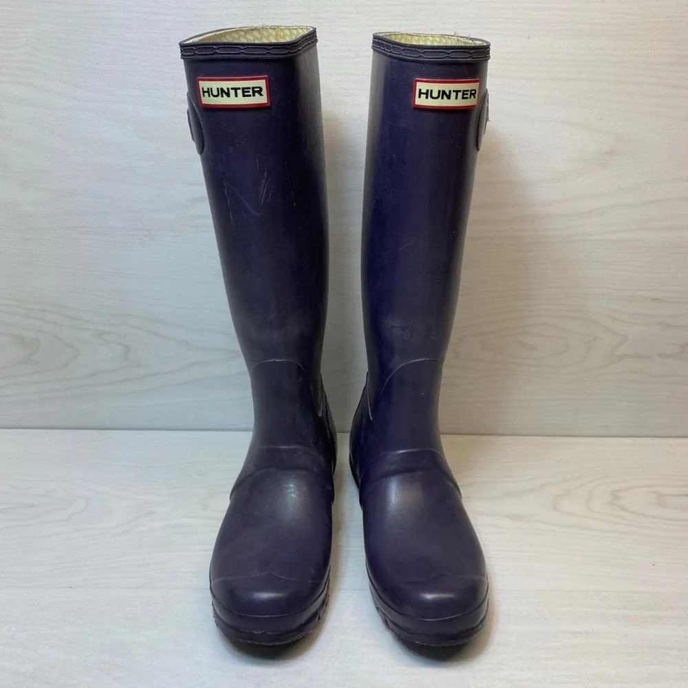 Hunter Womens 7 Original Tall Rain Boots Purple Rubber Waterproof Wellington